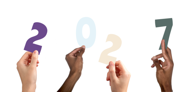 2027 new year festive scene. Multiethnic group of colorful hands forming numbers with raised fingers