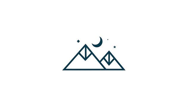 A minimalist illustration of two angular mountain peaks with a crescent moon and stars in a clean, white background