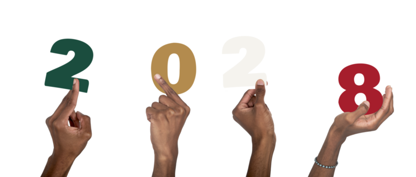 2028 new year concept of joyful celebration. African American man with dark skin raising hand and