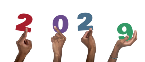 2029 new year festive concept. African American man with dark skin hand raised and holding colorful