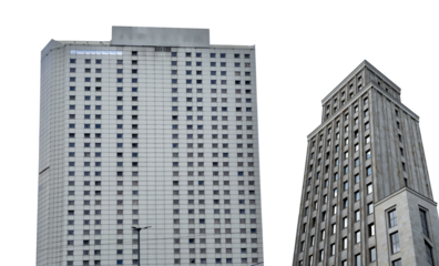 Building with classic architecture. Tall concrete skyscraper with geometric facade, gray exterior,