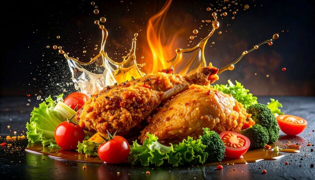 Grilled chicken and vegetables with flame and splash oil