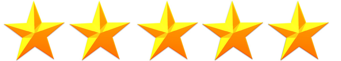 Obraz premium 3D five-star rating design isolated on transparent background. Glossy golden stars with realistic depth and shine, perfect for overlay on product reviews, digital feedback banners, customer satisfacti