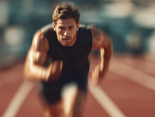 Sprinter accelerating from starting blocks on track, determined athletic performance.
