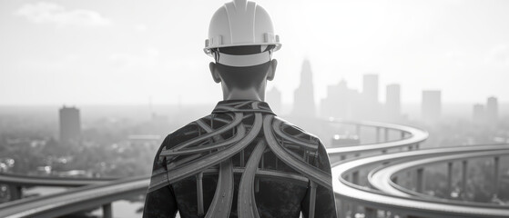 Construction worker hard hat stands overlooking complex highway system cityscape. image conveys determination and vision for urban development