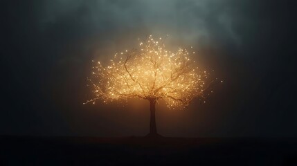 Mystical Golden Tree Emitting Brilliant Light Amidst Dark Stormy Clouds