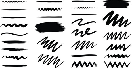 Hand Drawn Brush Strokes Set with Wavy Lines and Splatters on White Background