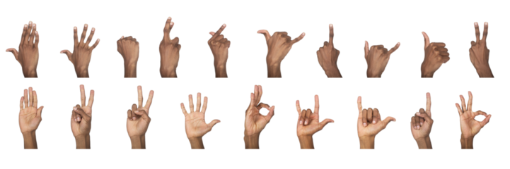 Finger gesture collection. Dark-skinned male hand in various poses showing fist, heart, ok, peace,
