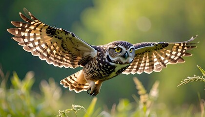 Obraz premium An owl with a speckled body, wide-open wings, and sharp eyes soars in front of a blurred green background. The sun casts a glow on its feathers