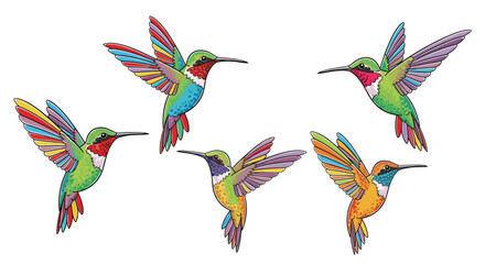 Obraz premium Vibrant hummingbirds with colorful rainbow wings flutter gracefully in flight, bringing a splash of nature's beauty and joy to any project