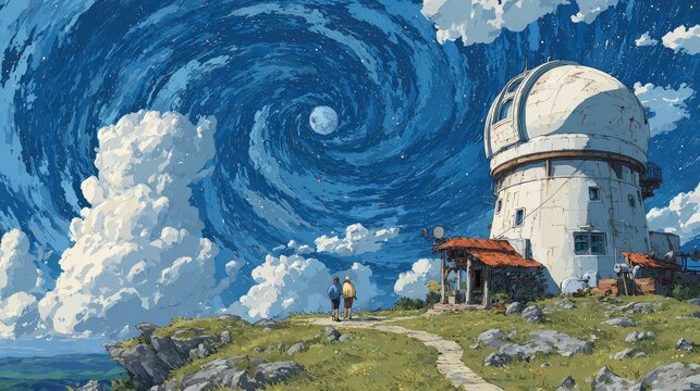 Anime background or wallpaper featuring a celestial observatory telescopes pointed at a sky filled with swirling galaxies