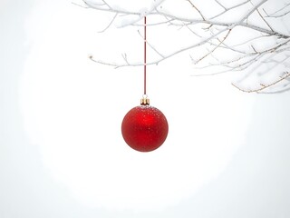 A Single Red Christmas Ornament Hangs from a Snow Covered Tree Branch on a White Background