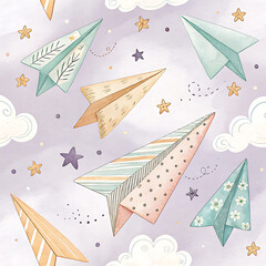 Whimsical watercolor seamless pattern of flying paper airplanes and stars in cloudy sky illustration