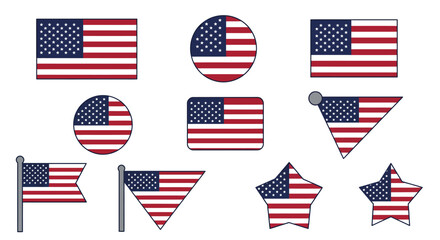 Collection of US Flag Icons in Various Shapes and Styles, Perfect for Patriotic and National Themes