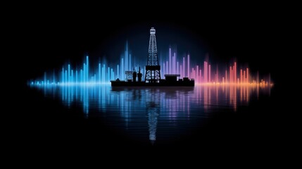 Abstract illustration of an oil rig silhouette with colorful sound waves on a dark background