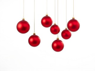 Shiny Red Christmas Ornaments Hanging on Strings White Background Festive Decoration