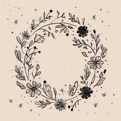 Delicate floral wreath design on a light beige background.
