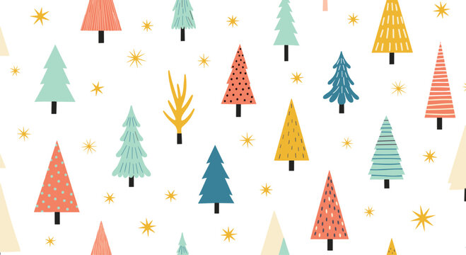 Fototapeta Seamless pattern featuring various colorful stylized Christmas trees and scattered golden stars on a clean white background, ideal for festive holiday designs.