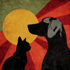 Silhouettes of a cat and a dog against a sunburst background.