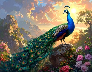 Fototapeta premium A majestic peacock stands atop a rock overlooking a vibrant landscape, a colorful sunset illuminating the scene