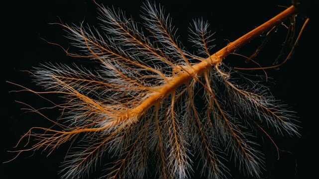 Intricate root system branching out with delicate white tendrils against a deep black background, showcasing organic growth and natural complexity in dynamic motion