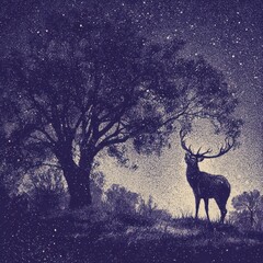 Silhouetted deer and tree under a starry night.