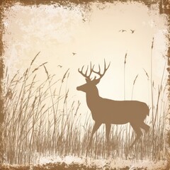 Silhouette of a deer in tall grass at sunrise.
