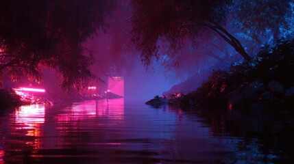 calm river of liquid light, neon reflections, futuristic landscape, soft ambient glow, hyper realistic textures, tranquil and luxurious mood