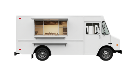 White food truck with serving window transparent background cutout png