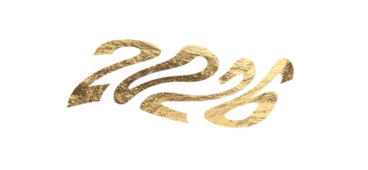 Golden metallic 2026 number with curved wavy shape and pearlescent shine. Festive typography design