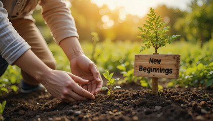 Person planting a tree labeled 'New Beginnings', metaphor for growth and nurturing relationships