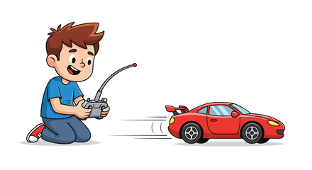 Joyful boy playing with a red remote control car, having fun and enjoying playtime indoors or outdoors