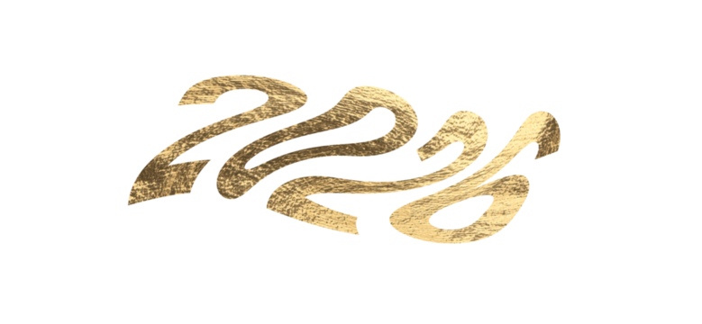Golden metallic 2026 number with curved wavy shape and pearlescent shine. Festive typography design