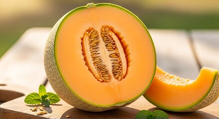 A ripe cantaloupe melon is cut in half, revealing its vibrant orange flesh and seeds, with a slice and mint leaves on a wooden surface.
