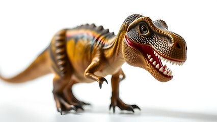 Obraz premium T-Rex figurine isolated on white with dramatic lighting, showcasing detailed textures and fierce presence.