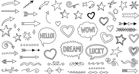 Hand Drawn Doodle Set with Arrows, Hearts, Stars, Speech Bubbles on Transparent Background