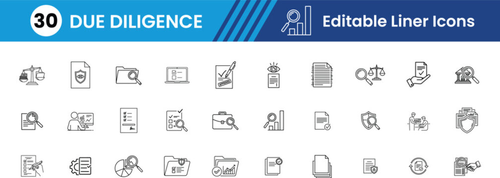 Due diligence glyph Icon set,Magnifying Glass, Checklist, Document Review, Risk, Graph, Handshake, Compliance, Audit, Investigation, Target Vector line Icons illustration.