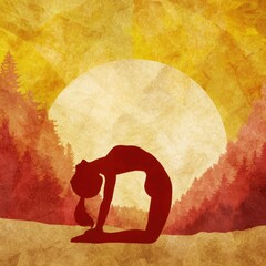 Silhouette of a woman performing a yoga pose against a backdrop of trees and a sun.