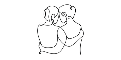 Abstract continuous line drawing of two figures embracing in a minimalist style vector