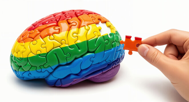 Rainbow puzzle brain, a hand inserts the final missing piece, symbolizing LGBTQ+ identity, neurodiversity, and mental health awareness.