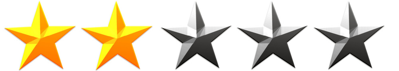3D two-star ranking design with two yellow stars and three dark grey stars isolated on white background. Realistic glossy rating illustration symbolizing below-average feedback, fair evaluation