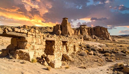 Ancient, weathered stone structures with unique formations stand under a vibrant, fiery sunset with wispy clouds. The landscape appears arid
