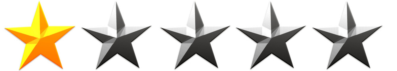 Obraz premium 3D one-star ranking design with one yellow star and four dark grey stars isolated on white background. Realistic glossy rating illustration representing low feedback, poor performance