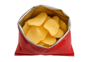Open red bag filling with crunchy crinkle potato chips, a tempting snack on transparent background