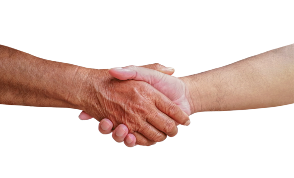 The old man shaking hand with the young man father and son isolated on white background