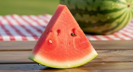 A slice of watermelon on a wooden surface with a red and white checkered tablecloth in the background.