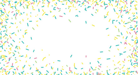 Vibrant confectionery sprinkles in yellow, pink, and teal creating a playful oval border on a clean white backdrop, ideal for sweet-themed projects.