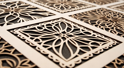 Intricate natural wood laser cut panels featuring elegant floral patterns create sophisticated decorative accents for modern interiors and DIY projects