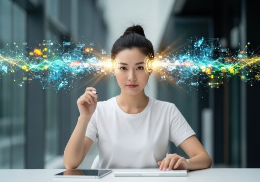 East Asian woman with ADHD focusing on complex datasets, gentle light patterns representing cognitive processing on clean white studio background for workplace inclusion training