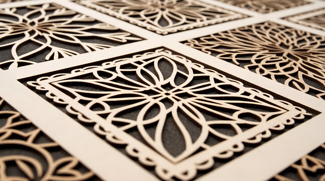 Intricate natural wood laser cut panels featuring elegant floral patterns create sophisticated decorative accents for modern interiors and DIY projects